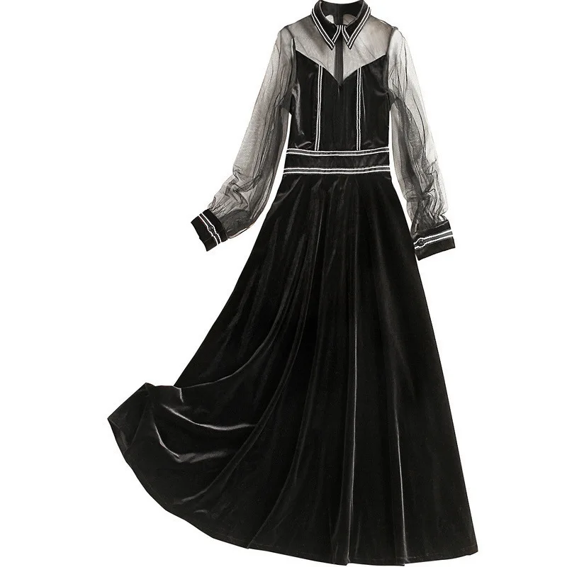 Женское бархатное платье с длинным рукавом черное макси золотого цвета в