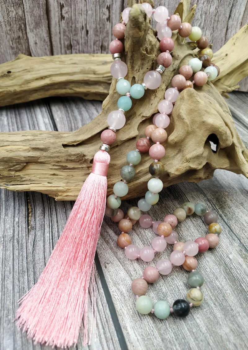 YA4061 розовый кварц кисточки каменные бусины узлы ручной работы ожерелья|Ожерелья