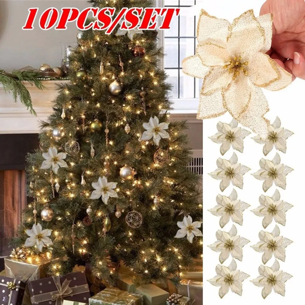 

10Pcs Artificial Flower For Christmas Tree Decoration Faux Flower Glitter Xmas Home Decor Gold Silver Red Xmas Hanging Ornament