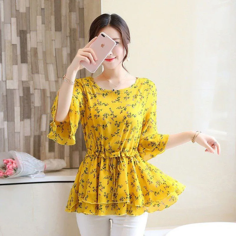 Женская шифоновая блузка с цветочным принтом и круглым вырезом|Рубашки| |