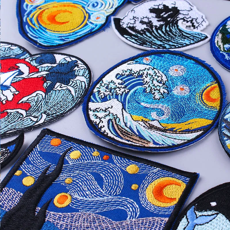 Pulaqi Wave Applique Adventure Badges Iron On Patches For Clothing Van Gogh Embroidered Natural Clothes | Дом и сад