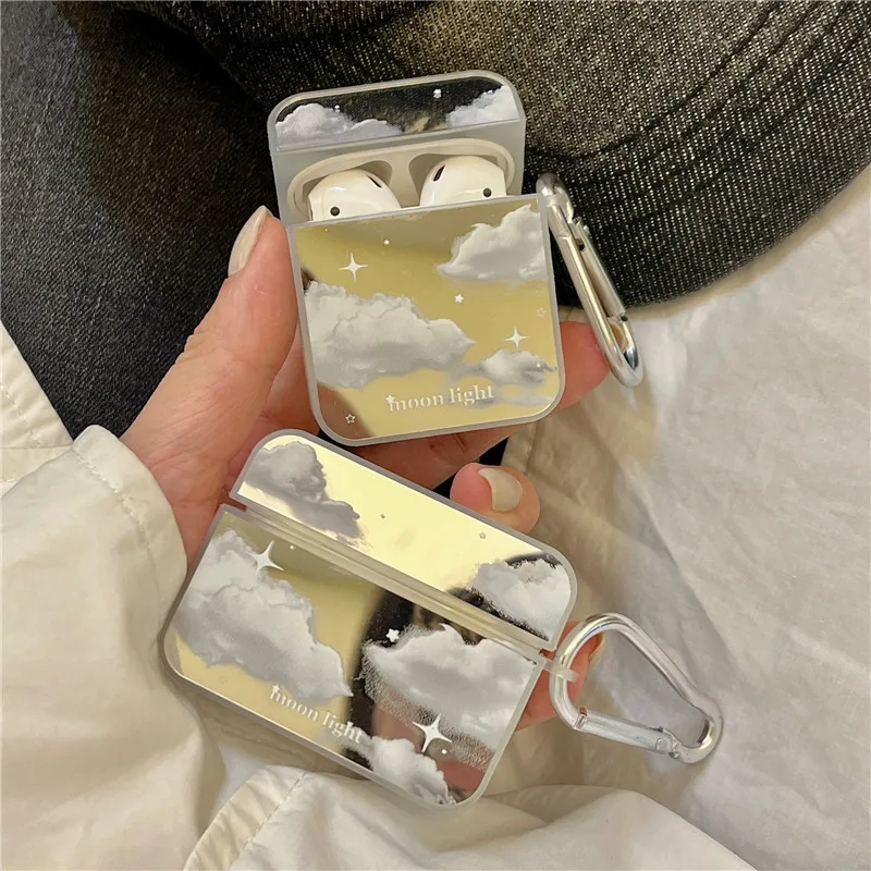 

Trend Clouds Mirror Carabiner Silicone Earphone Charging Soft Cover For Apple AirPods 1 2 Pro Bluetooth-Compatible Cute Case