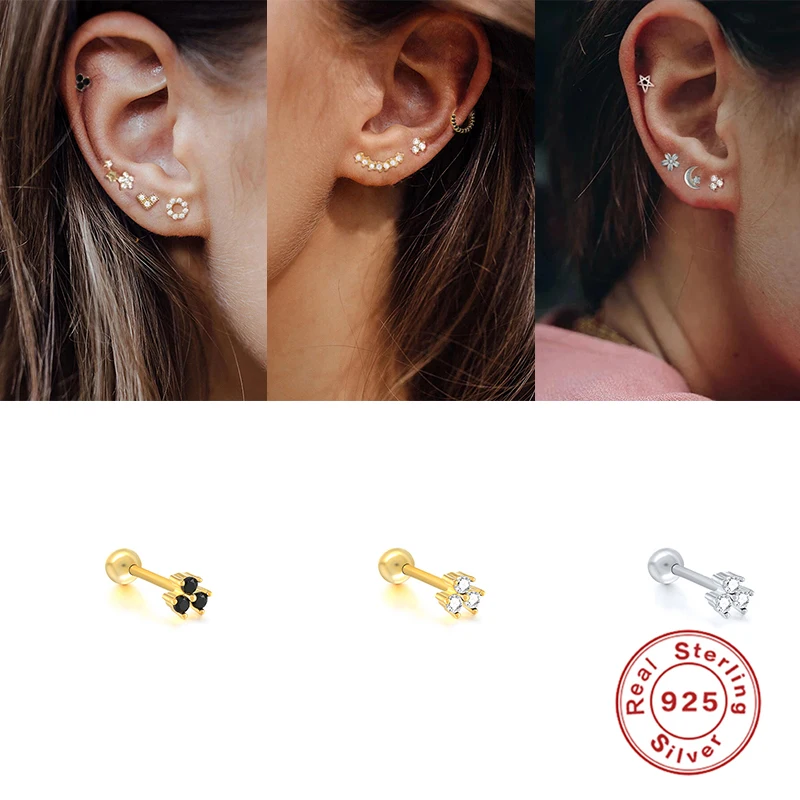 1Pair 925 Sterling Silver Black Zircon Stud Earrings for Women Piercing 2020 Simple Gold Rose Cartilage | Украшения и аксессуары