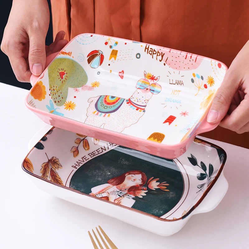 

Cute Hand-painted Alpaca Baking Tray Ceramic Internet Celebrity Home Plate Baked Rice Oven Microwave Oven Children's Cutlery