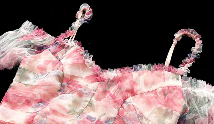 

Pink Flower Print Women Sundress 2019 Ruffles Chiffon Dress Boho Chic Sexy V Neck Short Sleeve Spaghetti Strap Midi Beach Dress