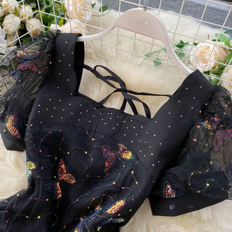 

Women's Spring Summer Runway Fashion Square Collar Butterfly Embroidery Black Mesh Dress Female Travel Chic Party Dress TB1844