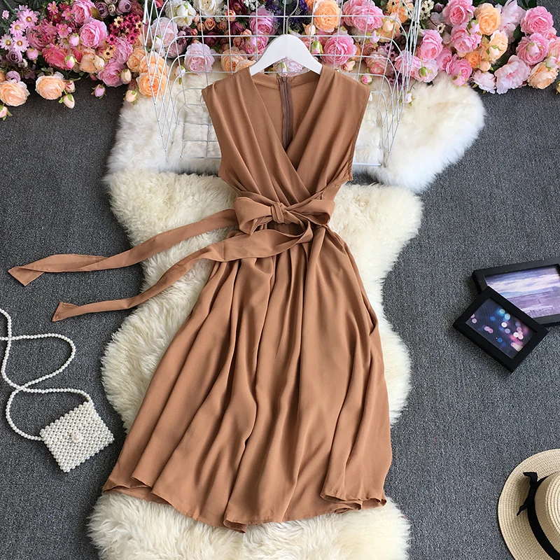 

new summer Han Fan lady aristocratic temperament cultivate morality show thin v-neck gathered waist long chiffon dress