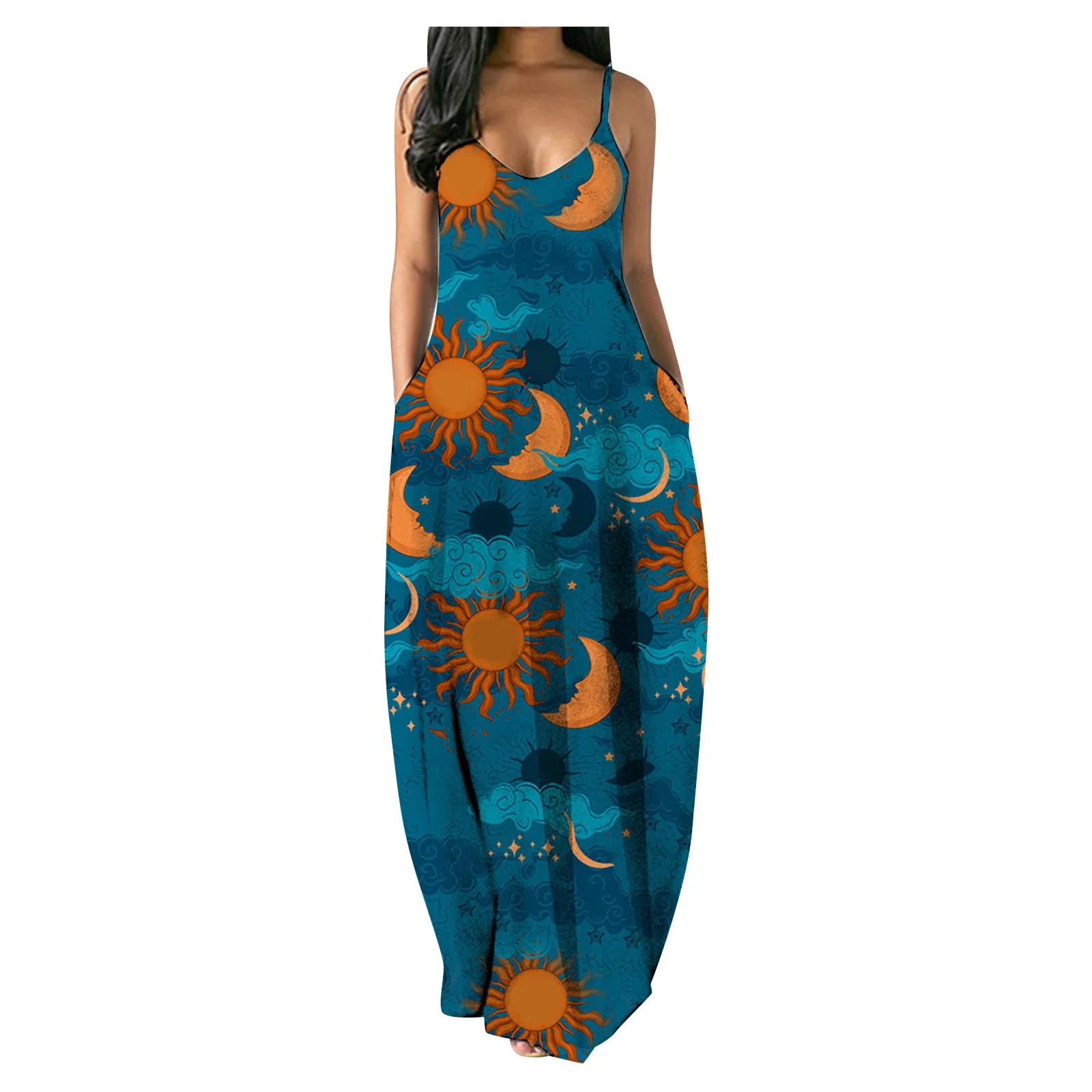 

Fashion Women Maxi Dress Summer Casual Plus Size Print V-Neck Sleeveless Long Dress With Pockets For Ladies Loose Dress#35