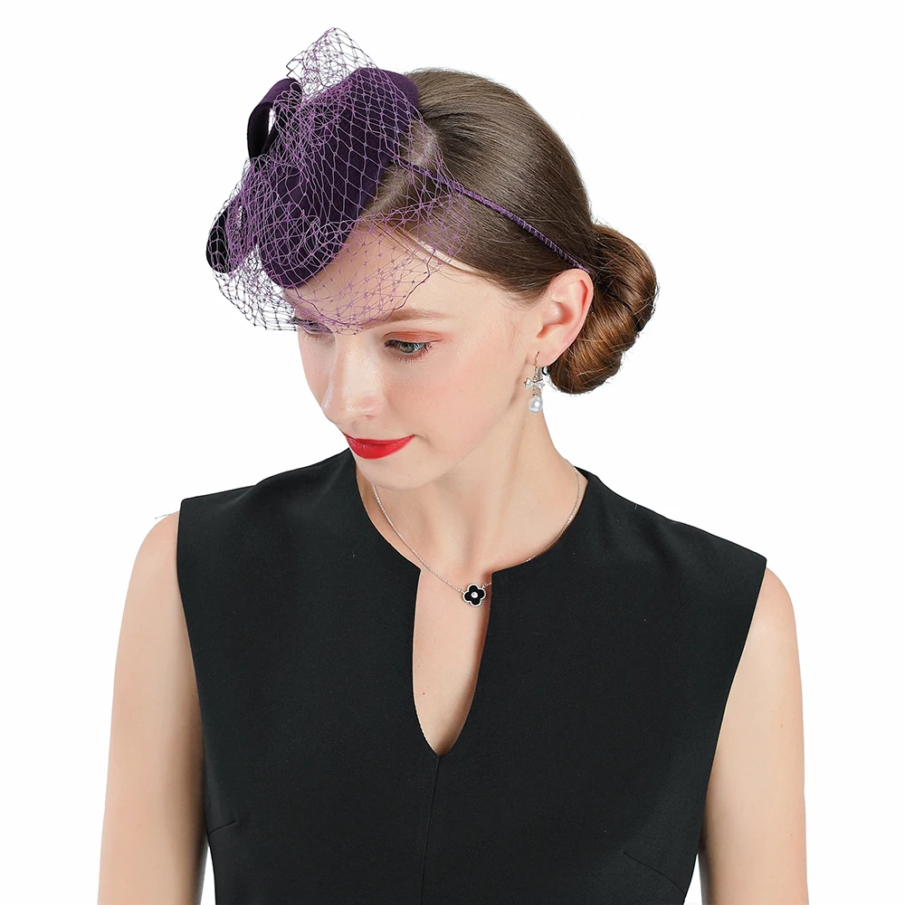 Федора Хэтс пурпл фасцинатор для женщин элегантная церковная шерсть с вуалью и бантом головной убор подарки на день рождения свадебные модные пиллбокс-кепки.
