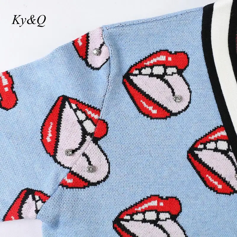 Brand Design 2019 Winter V-neck Long-sleeved Knitted Women Blue Cardigans Striped Lips Diamonds Embroidery Sweater Clothes Tide |