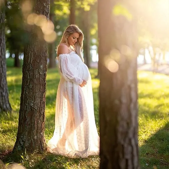 White Dot Tulle Maternity Photography Props Dress See Through Maternity Photo Shoot Tulle Long Dress Lantern Sleeve 1