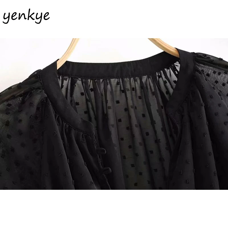 2019 Женская винтажная блузка в горошек Черная вуаль рубашка женская длинный рукав