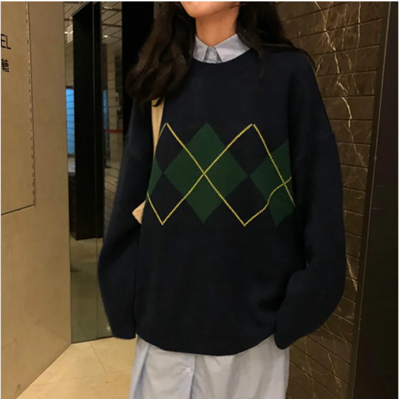 

Women Pulovers Korean Clothing Knitted Sweater Oversize Long Sleeve Round Neck Print Ladies Winter Loose Sweater Top Female