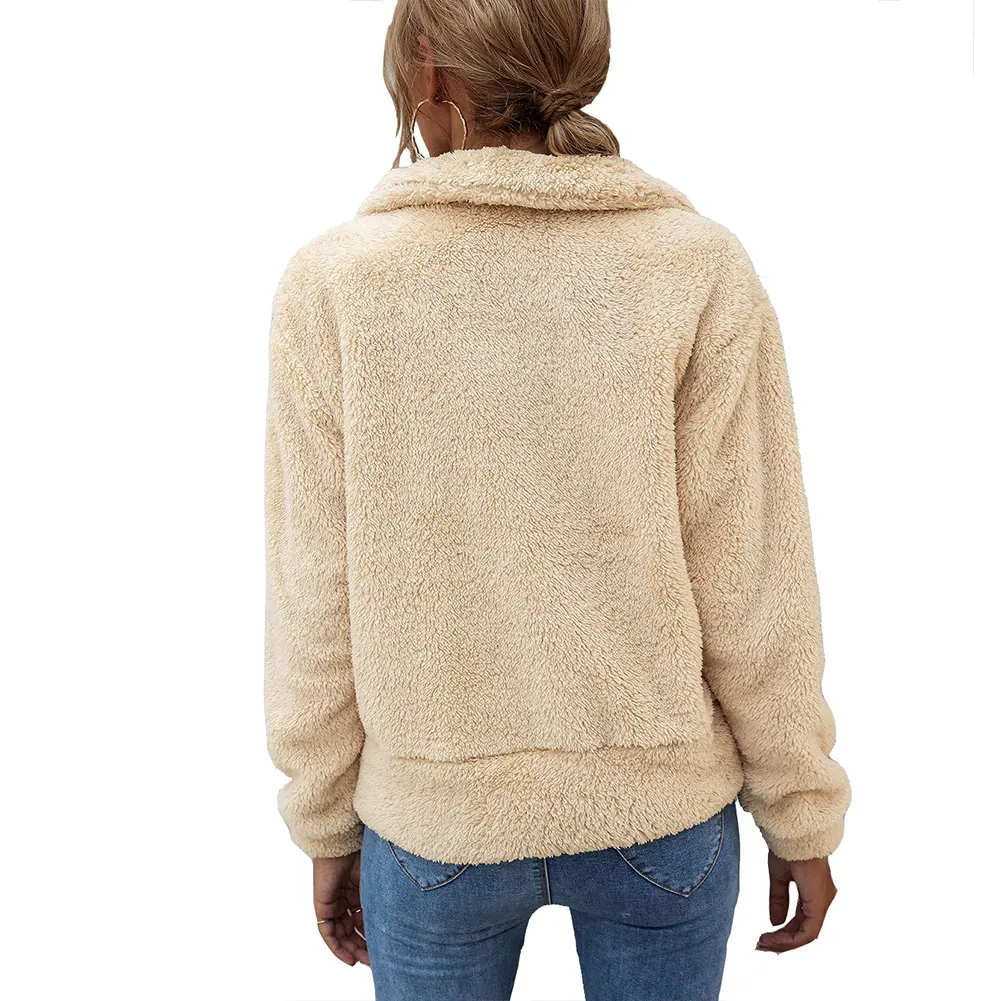 

Winter Elegant Women Thick Teddy Bear Pocket Patckwork Fleece Jacket Warm Coat Zip Up Outwear Soft Fur Jackets Female Plush Coat