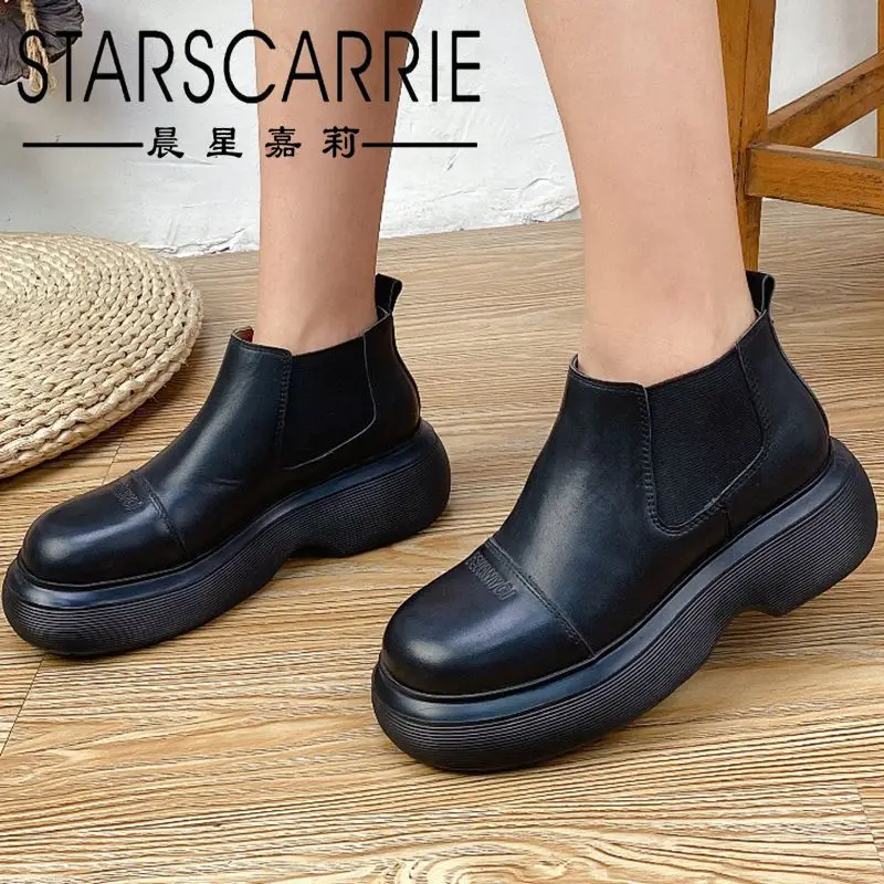

2021 spring and autumn women's boots viscose shoes low tube riding boots first layer cowhide round toe thick leather loafers