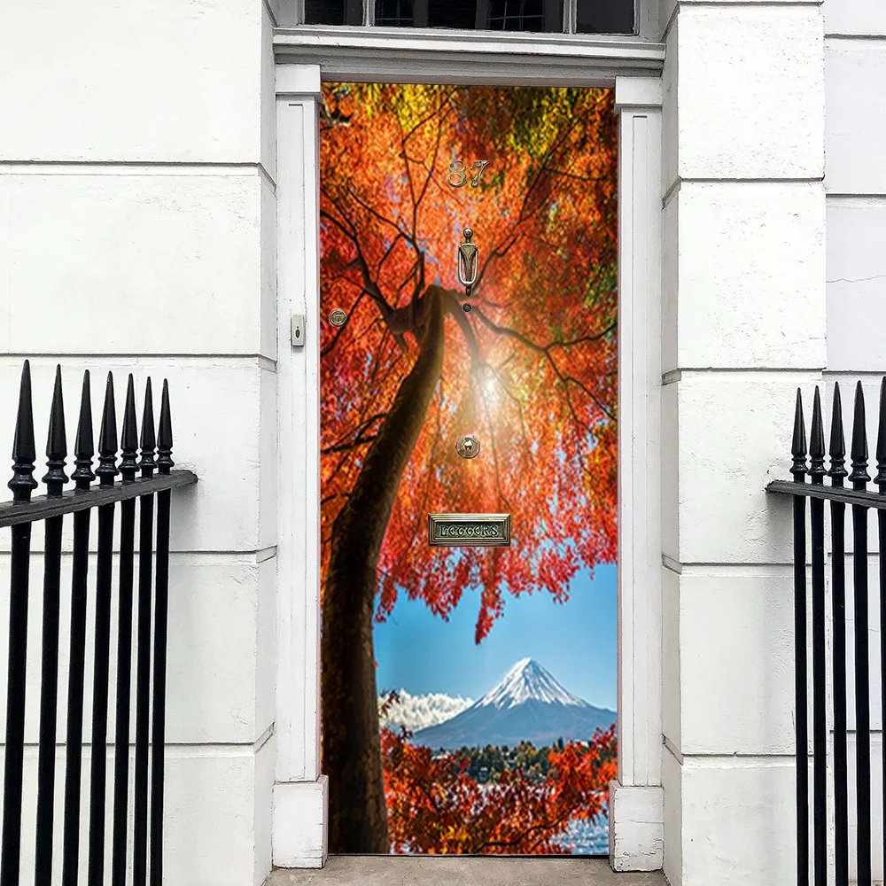 

Autumn Maple Tree Snow Mountain Matural Scenery 3D Door Sticker Vinyl PVC Self-Adhesive Mural Stickers Waterproof Door Poster