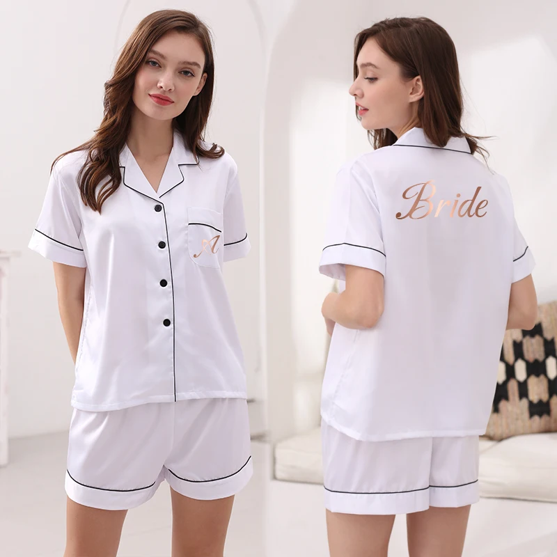 Women Satin Pajamas Set Bride Bridesmaid Pajama Suit Sleepwear Short Sleeve Pajama Sets Nightwear 2 Piece Set Rose Gold Print