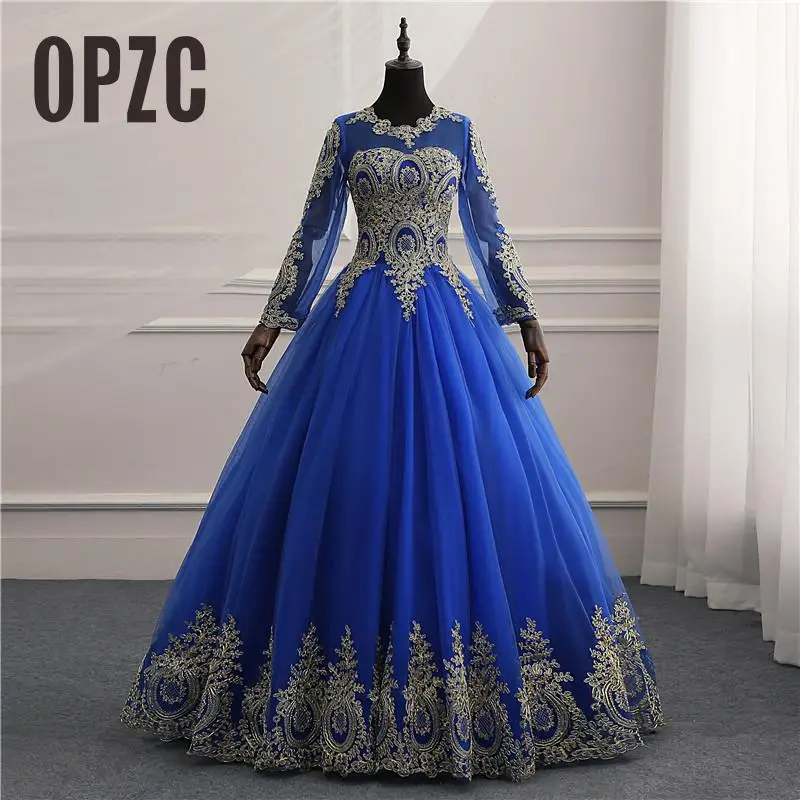 Новинка Vestidos de Noiva, Королевский синий тюль, винтажное свадебное платье с длинными рукавами, Золотая кружевная вышивка, аппликация для невесты, свадебное платье для невесты