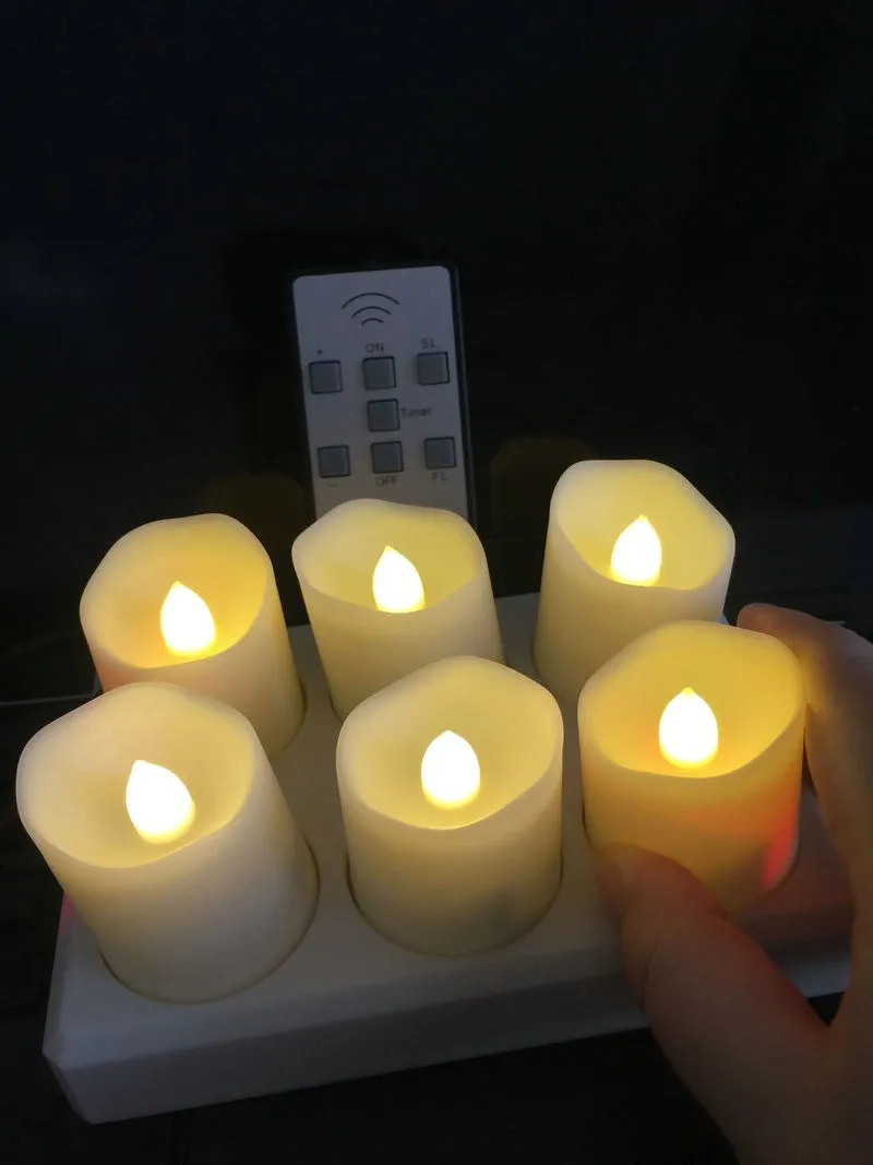 

Set of 6 rechargeable flameless wavy edge Candle w/Remote control Timer LED Tealight Votive Candles Home decor-Warm white