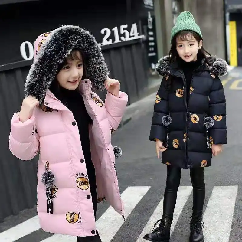 Baby winter new girl down jacket children letter printing thick warm cotton coat girl baby big fur collarcotton hoodedlong coat