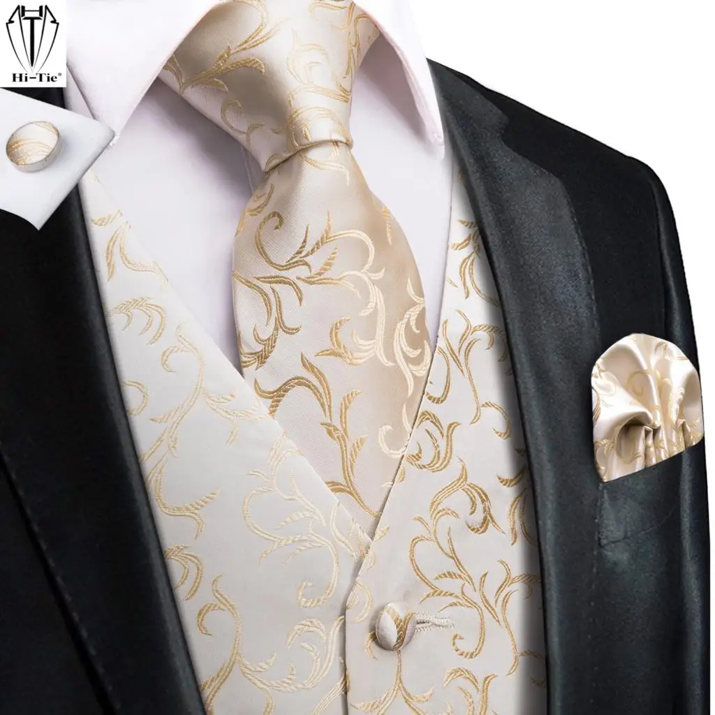 

Hi-Tie 100% Silk Ivory Beige Champagne Gold Mens Vests Tie Hankerchief Cufflinks Set Jacquard Vine Waistcoat for Men Suit Dress