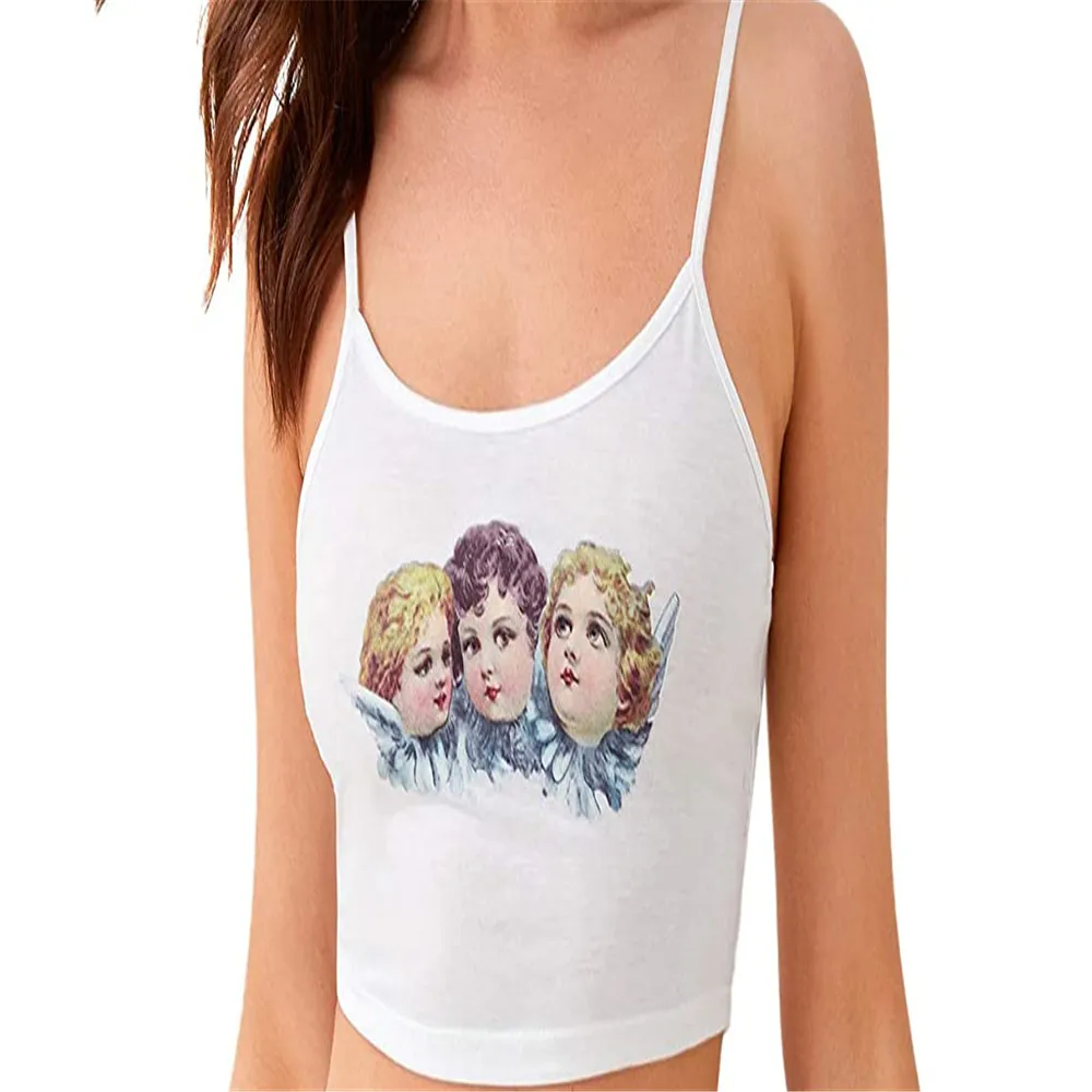 

2021 Summer Cute Women Sexy Sleeveless Camisole Angel Print Spaghetti Strap Cami Backless Crop Tops Female Clothing