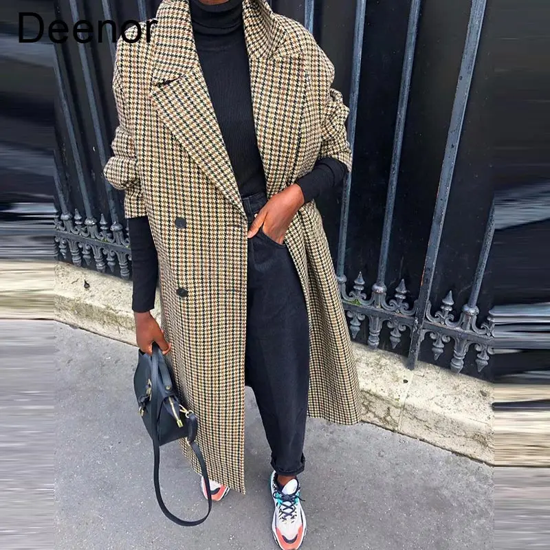 

Deenor Women Winter Classic Plaid Mid-long Outwear Casual Jacket Elegant Double Breasted Straight Outerwear Harajuku