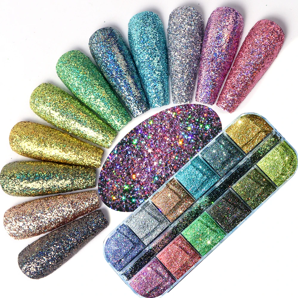 Смешанный 12 цветов голографический блестящий порошок блестящие дизайн ногтей