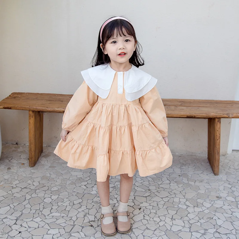 Новейшие Детские платья для девочек осенняя одежда с длинным рукавом однотонное