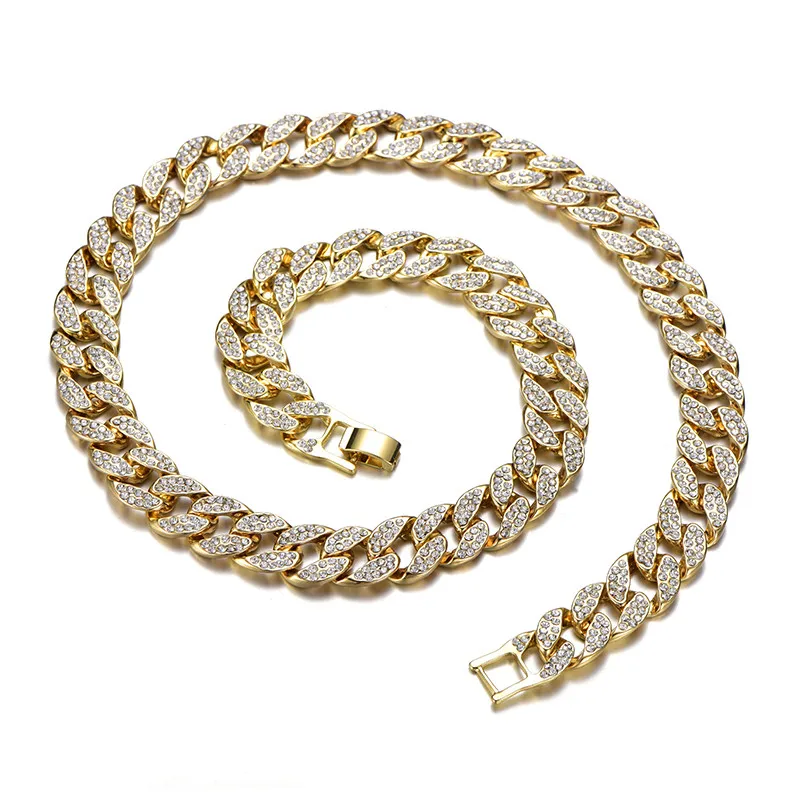 Gold Necklace Bling Iced Out кубинское звено браслет ожерелье Мужская мода персонализированные перо подарок колье из горного хрусталя Набор хип хоп ювелирные изделия - Окраска металла: Gold Necklace