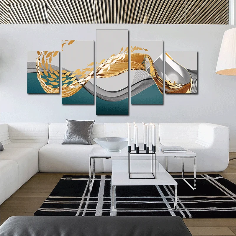 Без рамки 5 шт. модульная вина Стекло золотой Холст с рыбой художественной росписи печатные современные