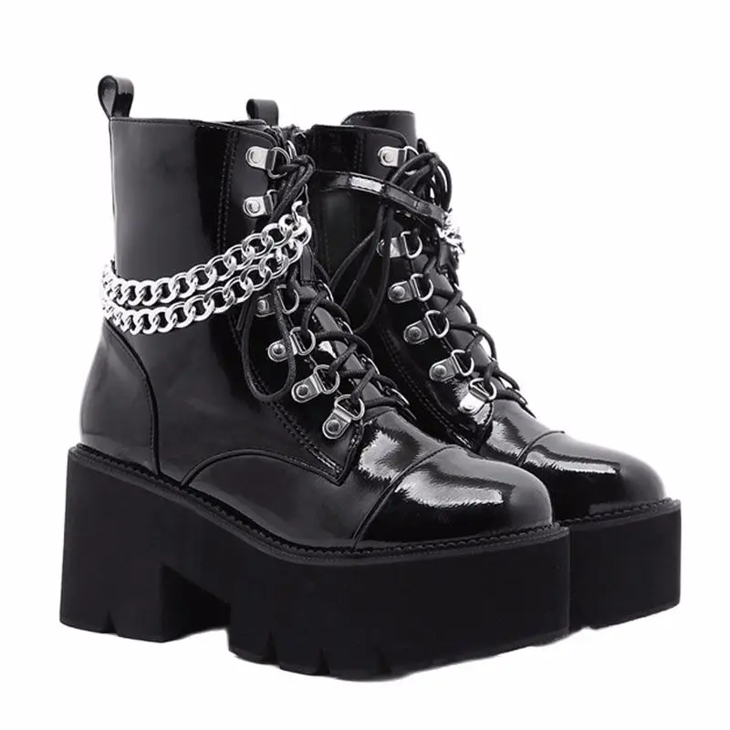 

New thick bottom waterproof platform women thick high heel ankle boots fashion chain European American women's Martin boots
