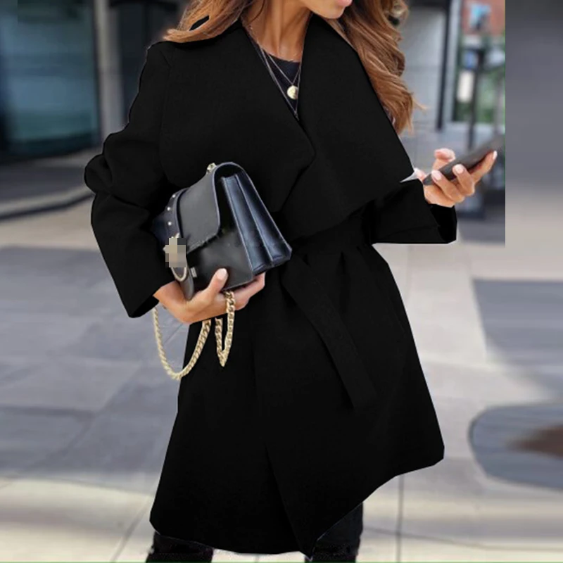 

Куртка женская шерстяная с отложным воротником, элегантная повседневная верхняя одежда с длинным рукавом, кардиган с поясом на завязках, Ос...