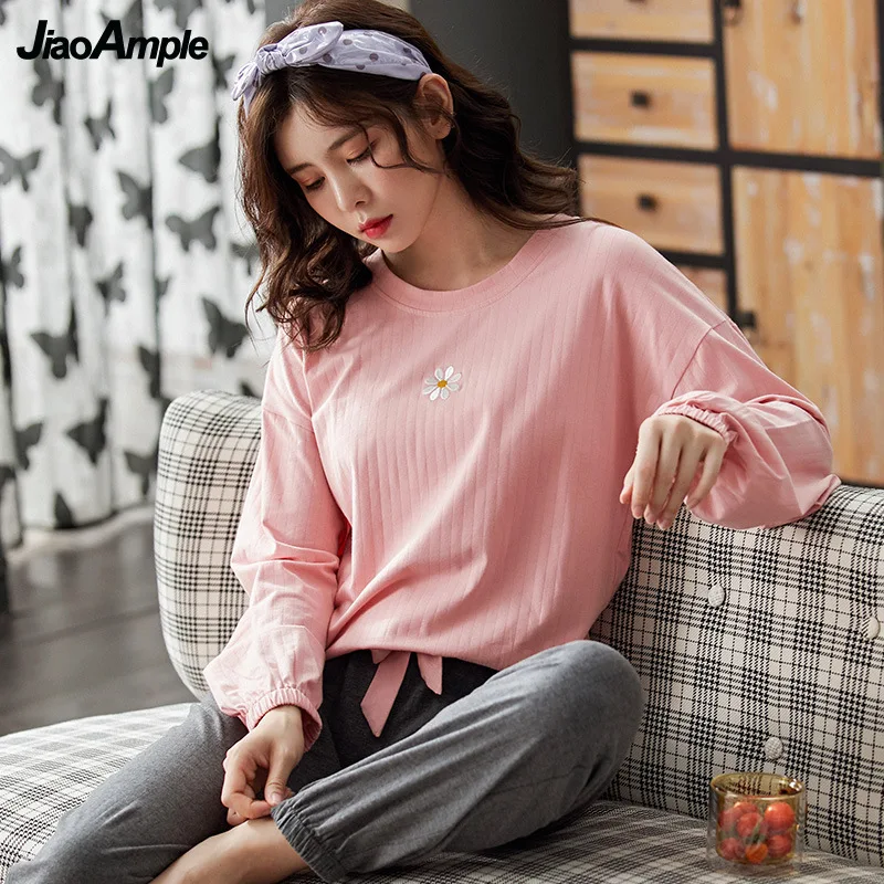 Pajamas Women Spring/Fall Cotton O-Neck Flower Long-Sleeved Trousers Pijamas Two Piece Suit 2022 New Cute Sexy Sleepwear
