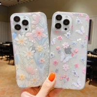ins fresh flower glitter for iphone 12 13 pro max xr x xs max mobile phone case 8 7 plus transparent tpu protective back cover