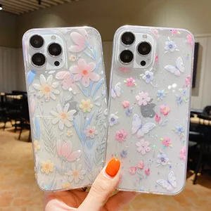 ins fresh flower glitter for iphone 12 13 pro max xr x xs max mobile phone case 8 7 plus transparent tpu protective back cover free global shipping