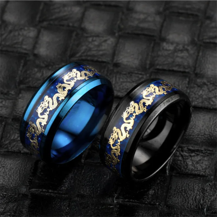 GUN Titanium Steel Dragon Rings Chain Ring Black And Blue Man's Gifts Wedding Band Jewelry Size 6-12 | Украшения и аксессуары