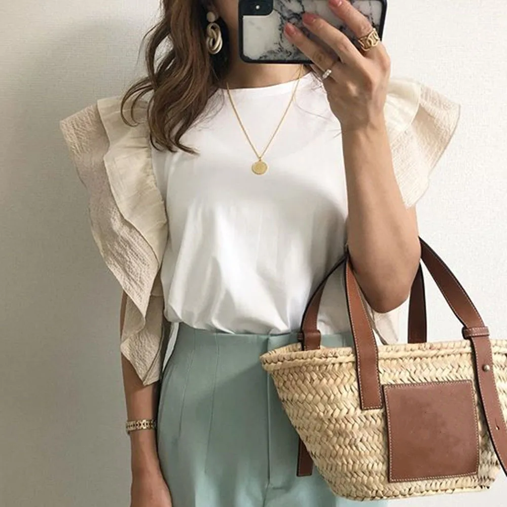 Женская футболка с короткими рукавами Повседневная составного кроя оборками