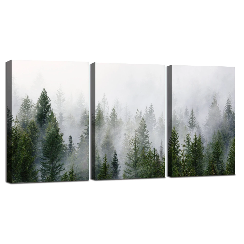 

Minimalist Art Green Forest Wall Poster Framed Landscape Foggy Canvas Painting Scandinavian Ready To Hang Decoration Picture