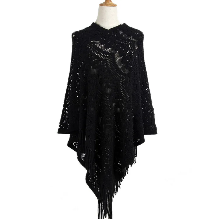 5 Colors Women Hollow Out Crochet Lace Capes Tassel Loose Poncho 2020 Autumn Knitted Bat Sleeves Long Sweater High Neck Pullover | Женская