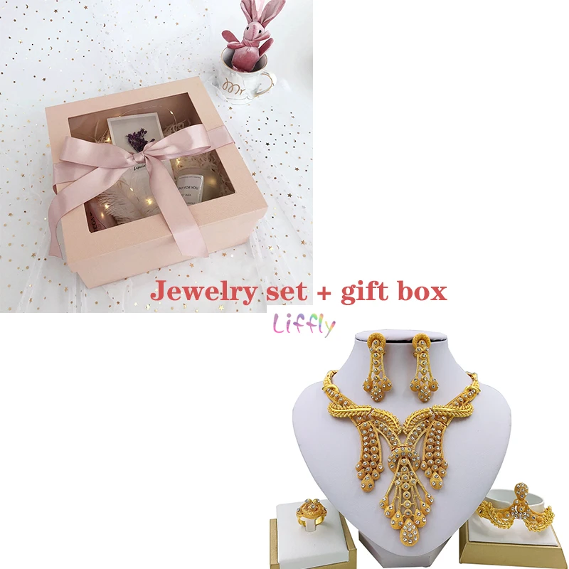 Sets gold and box LIFFLY Дубай ювелирные наборы большое ожерелье классическая форма капли воды браслет серьги кольцо для женщин Свадебные Ювелирные наборы для невесты - Окраска металла: Sets gold and box