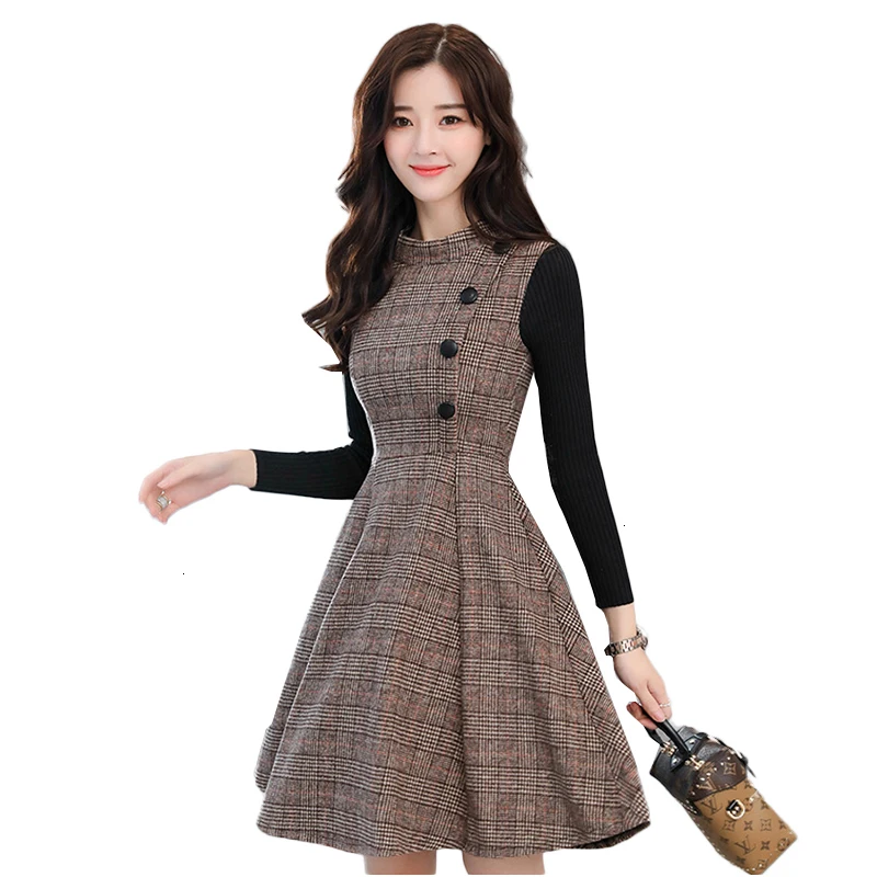Новинка зимы шерстяное платье средней длины женское с длинными рукавами и Платье
