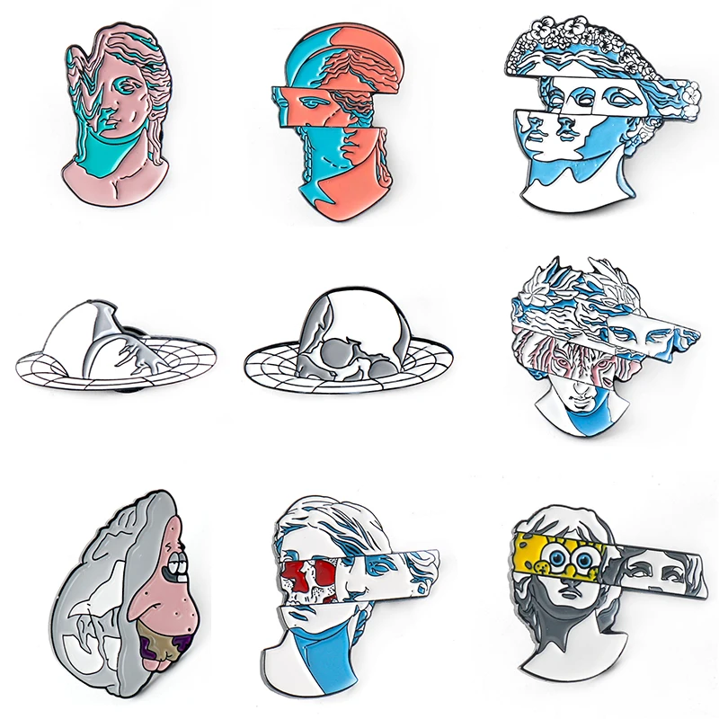

Creative Amazing Art Enamel Pins Split Head Sculpture Badges Brooches Cartoon Sponge Patrick Bag Clothes Lapel Pin Jewelry Gift