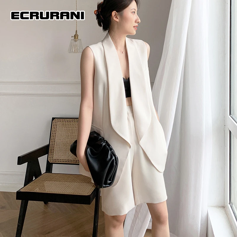 

ECRURANI White Elegant Two Piece Set For Female V-neck Sleeveless Coats High Waist Shorts Casual Women's Suits 2021 Summer Style