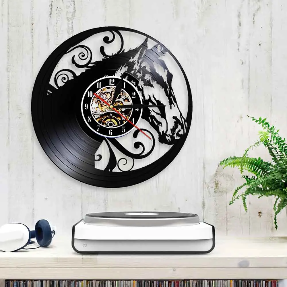 Настенные часы с изображением лошадей и виниловых пластинок современный дизайн