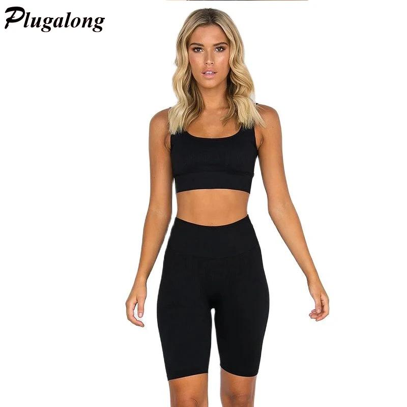 

Ribbed Yoga Suit For Fitness Sport Outfit For Woman Sportswear Two Pieces Sets Crop Tops Biker Shorts Gym Clothings Summer