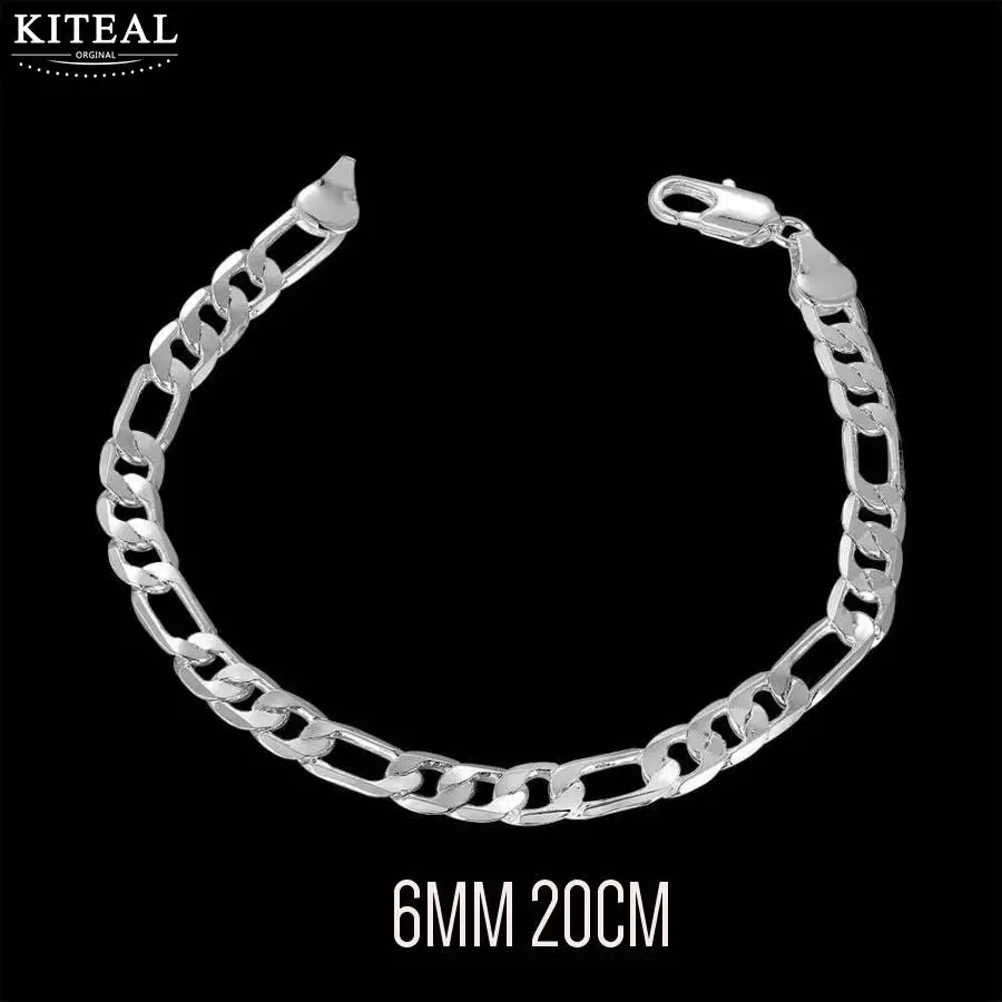 6MM 20CM Серебро/18KGP золотой цвет Модные мужские ювелирные изделия 6 мм 8 мм плоские три одно звено цепи мужской браслет Фигаро цепи 925 штамп - Окраска металла: 6MM 20CM