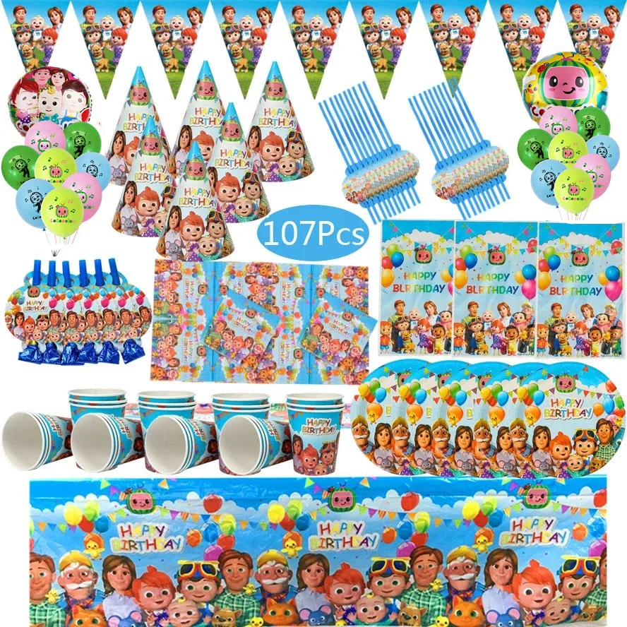 

107Pcs/Lot Cocomelon Kids Birthday Party Supplies Set Disposable Tableware JJ Melon Paper Plate Cup Baby Shower Party Decoration