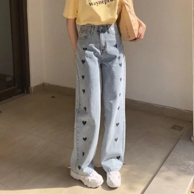 

Женские джинсы с высокой талией, одежда из денима с широкими штанинами, синяя уличная одежда, винтажные Качественные прямые брюки в стиле Ха...