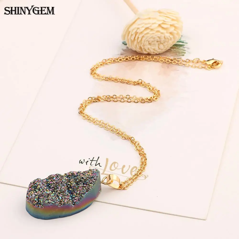 Yamee Irregular Crystal Pendant Necklaces big Druzy Natural Stone Gold Plating Chain Long For Women | Украшения и аксессуары